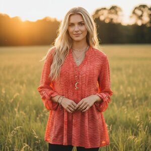 Cocomo 1X 2X Tunic Top Knit Boho Chic 80s Coastal Maximalist Coral Orange Poet